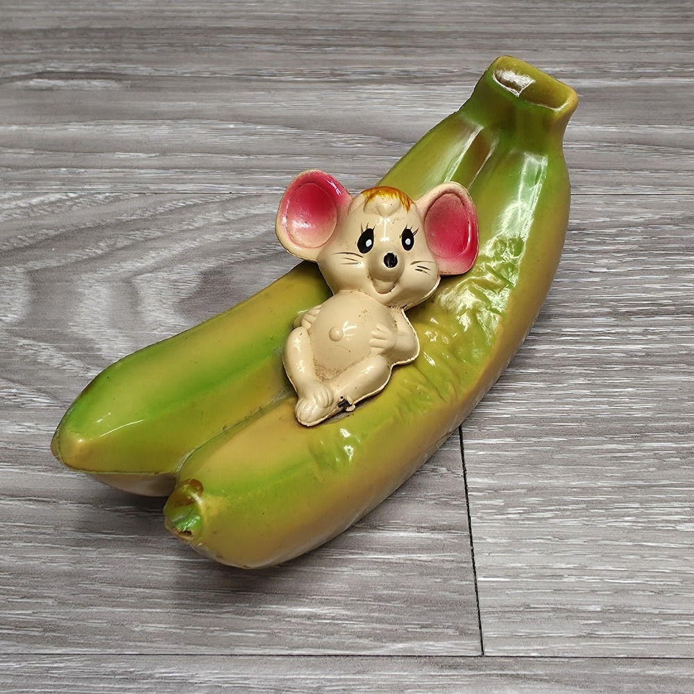 Yellow Multi 6" Mouse Laying on a Bananna Resin Figurine Piggy Bank